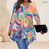 Women Plus Size V Neck Long Sleeve Colorful Printed Asymmetric Hem Flared Tunic Top