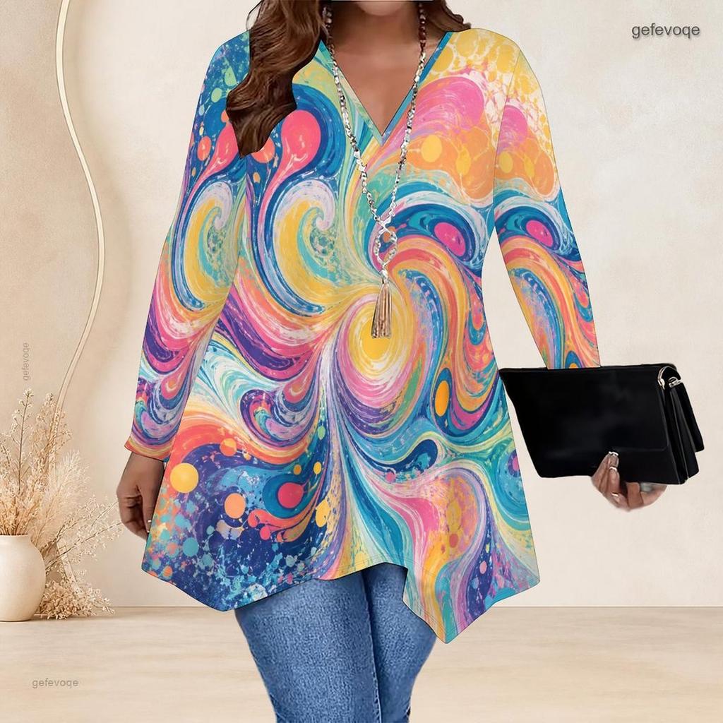 Women Plus Size V Neck Long Sleeve Colorful Printed Asymmetric Hem Flared Tunic Top