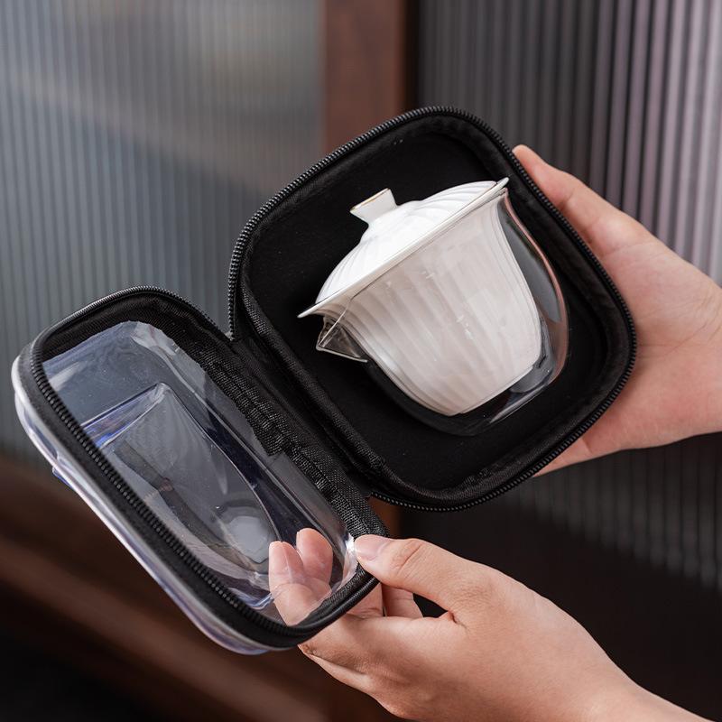 Suet jade white porcelain outdoor portable travel tea set Kuaike cup one pot three cups gold-painted gifts wholesale cover bowl