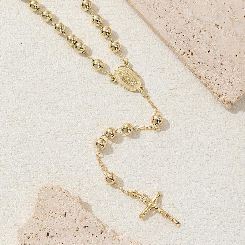 Bohemian Gold Color Round Bead Cross Pendant Necklace, Paired with Oval Engraved Portrait, Women's Retro Trendy Accessory Gift