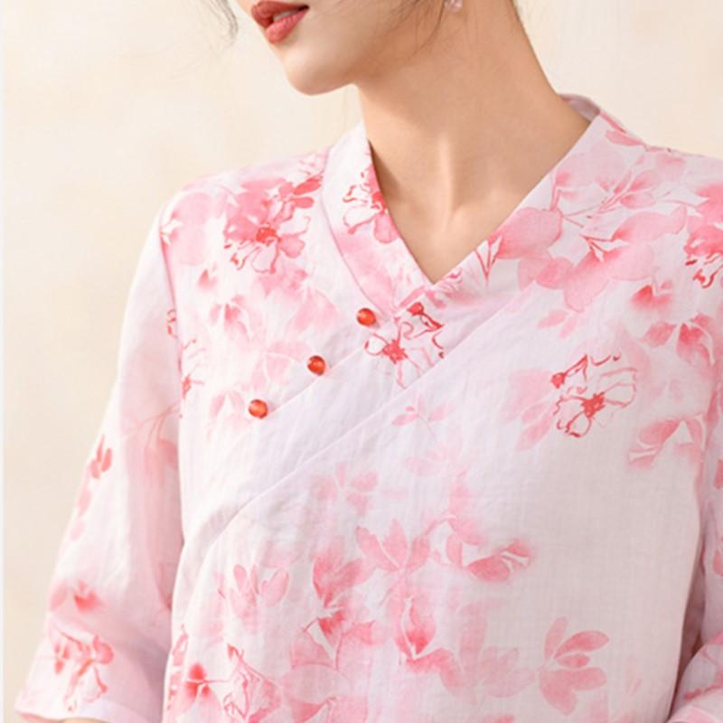 Johnature Women Chinese Style Dress Print Floral V-Neck Half Sleeve Summer A-Line Vintage Dress