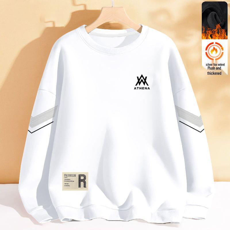 Men's Versatile Long Sleeve Pullover: Round Neck, Loose Fit, Plus Velvet, No Hood, Autumn/Winter Youth Jacket.