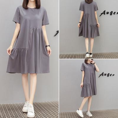 Summer New Korean Version Loose Folds Irregular Splicing To Cover the Belly and Show Thin Round Neck Short-sleeved Dress for Women
