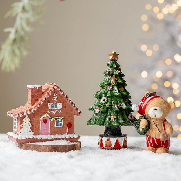 Festival Colorful Christmas Houses Tree Bear Statue Resins Miniature Figurine Ornament Seasonal Holiday Desktop Decors