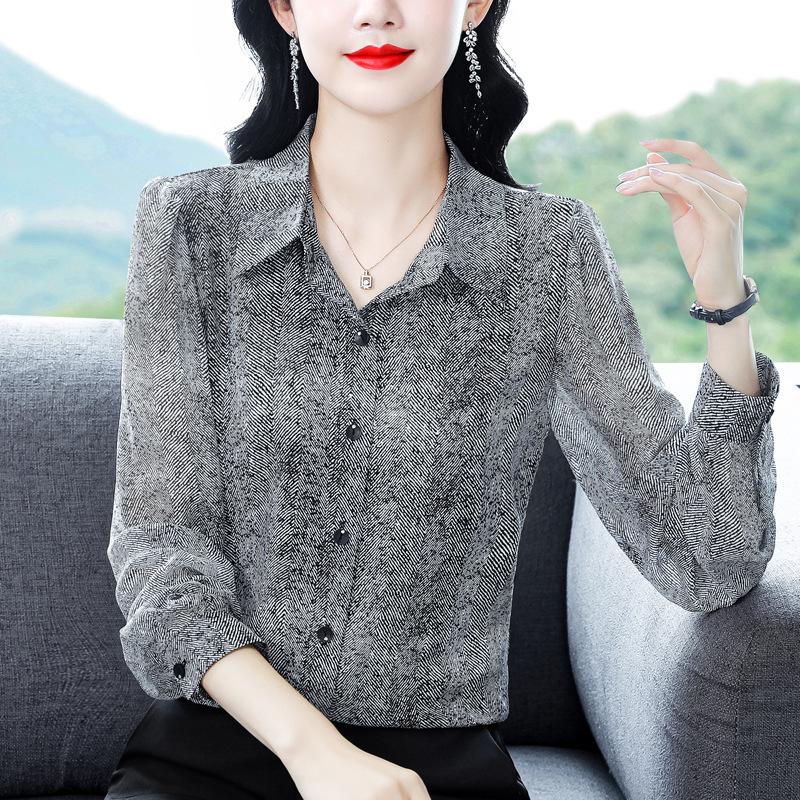 Brand Luxury Silk Chiffon Blouse: 2025 Spring/Autumn Women's Slim-Fit Long-Sleeve Top