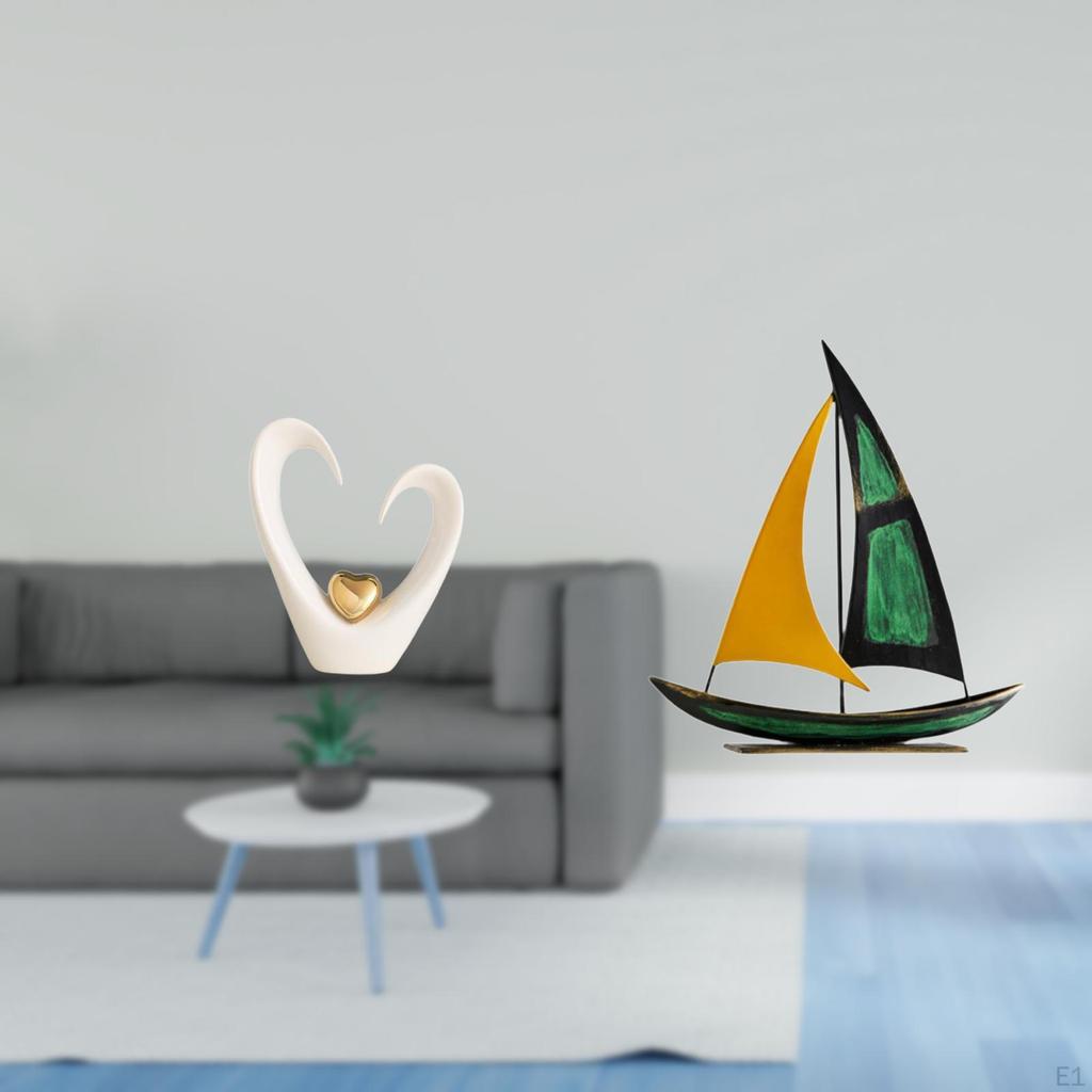 Minimalist Heart And Sailboat Sculpture Decorative Figurine Modern Iron Ornament for Living Room