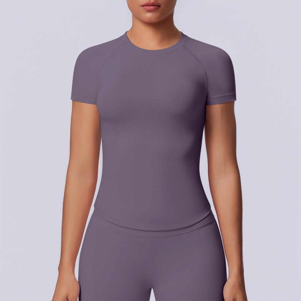 European and American seamless solid color tight high elastic breathable T-shirt sports running fitness yoga clothes top women