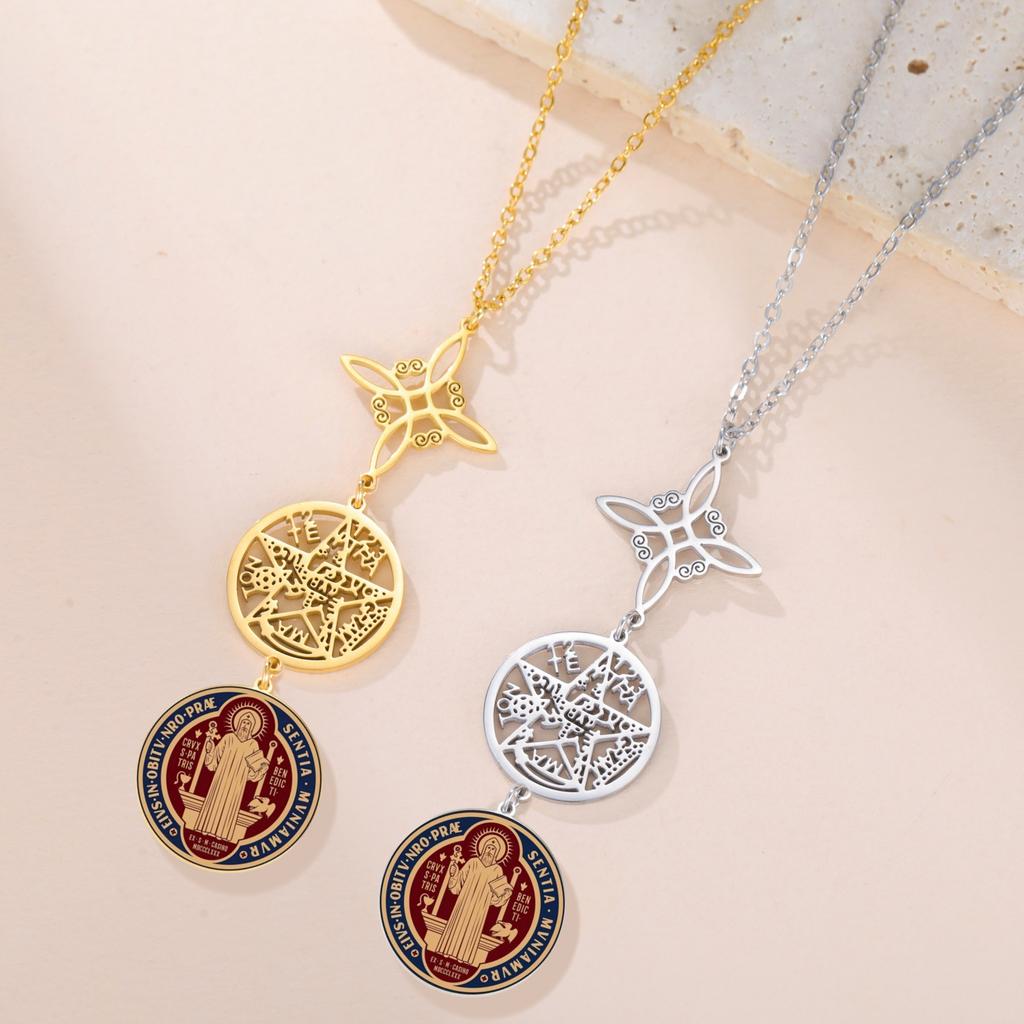 St. Benedikt Pentagramm Halskette Edelstahl Hexenknoten Religiöser Schmuck mit Tetragrammaton Symbol für Schutz