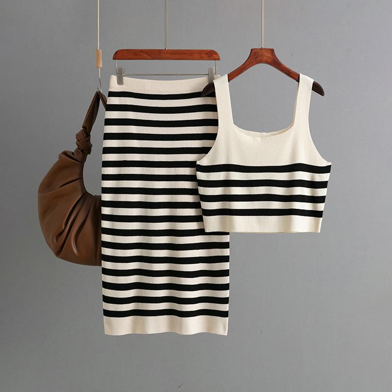 Contrasting stripes knitted suspenders women's summer outer wear bottom vest design sense niche short inner slim top