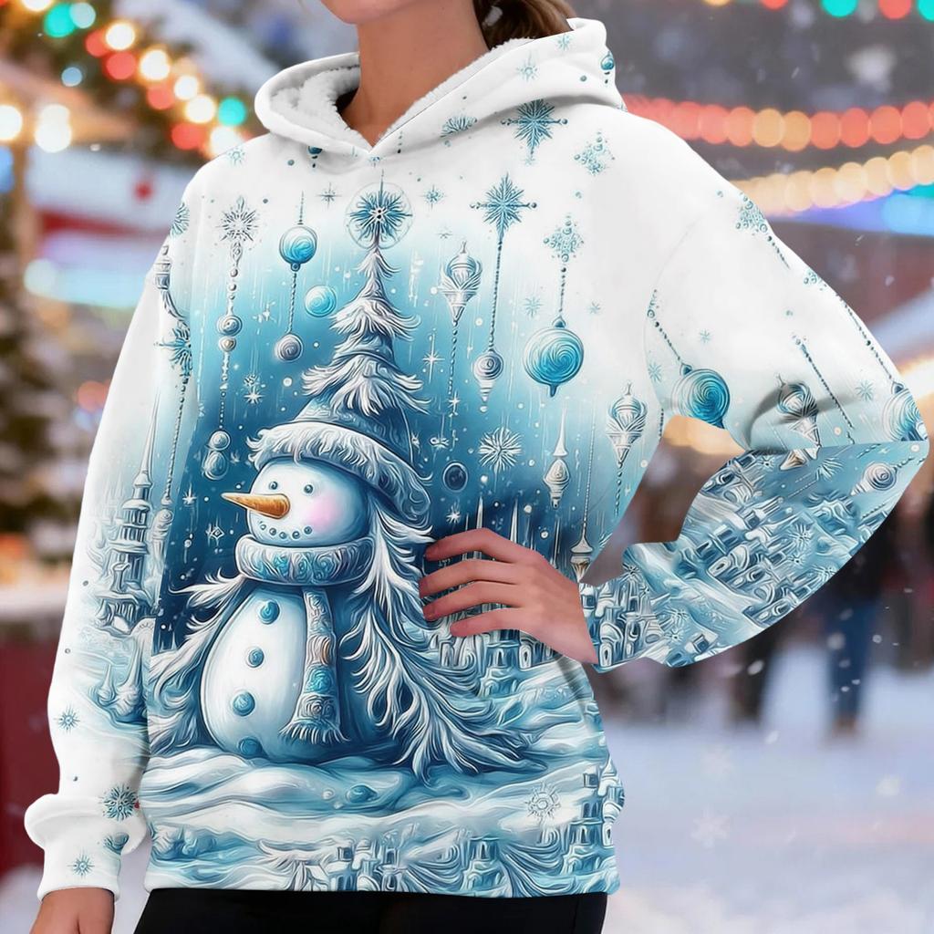 Women's Fashionable Casual Long-Sleeved Christmas Print Fleece-Lined Thick Hooded Sweatshirt