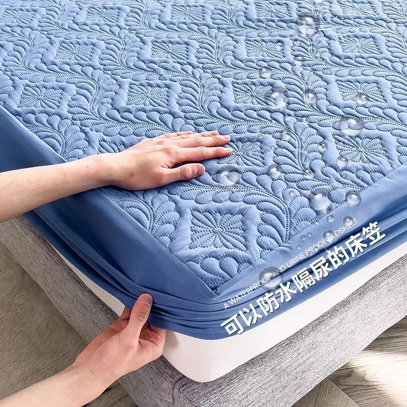 Waterproof Solid Color Embossed Mattress Cover Thicken Fitted Sheet Bed Cover for Bedroom Hotel Soft Pad for Bed