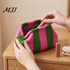 Daily Travel Toiletry Organizer Snap Shut Makeup Bag, Striped Knitted Clutch Pouch, Stylish Small Cosmetic Pouch for Purse Wide Open Brushes