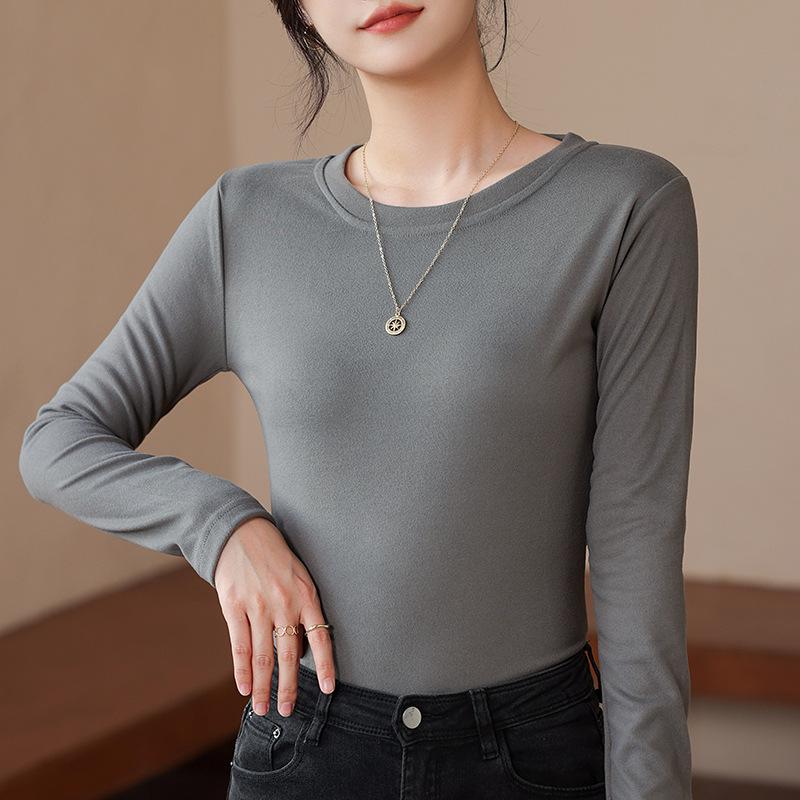 Damen Slim Fit Rippstrick Langarmtop - Fleecegefütterter Rundhalsausschnitt für Herbst/Winter 2024