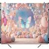 2D Flat Pink Blue Butterfly Backdrop with Balloons for Aesthetic Parties