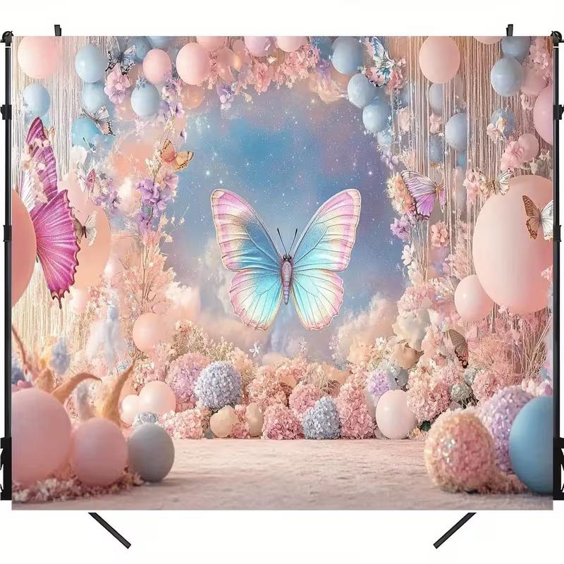 

2D Flat Pink Blue Butterfly Backdrop with Balloons for Aesthetic Parties 47.2x31.5inch/120*80cm