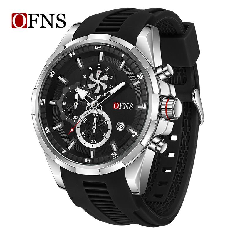 OFNS Business Men's Quartz Watch: Fashionable, Three Sub-Dials, Six Hands, Calendar, Waterproof.