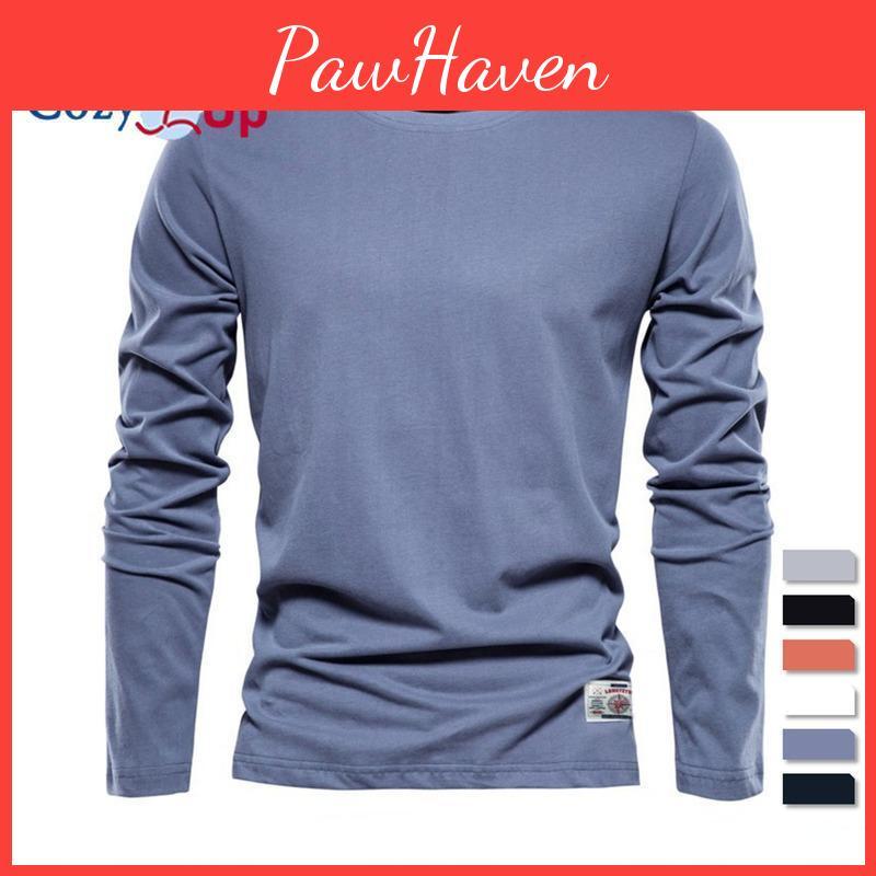 Ny Hyggelig Herre Langærmet Ensfarvet T-shirt Sport Yderbeklædning Rund Hals Bomuld Basis T-shirt