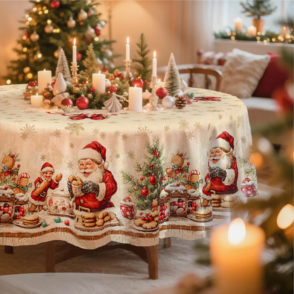 Round Christmas Tablecloth Santa Nutcracker Snowman Print Holiday Dining Table Cover Dustproof Home Decoration 150cm