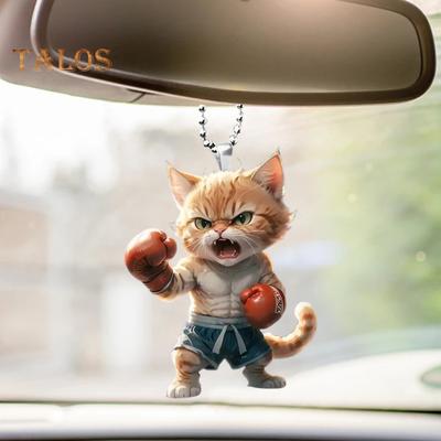 Acrylic Pendant Boxing Cat Ornament with Lanyard Easy To Hang Boxing Cat Shaped Rearview Mirror Pendant Hanging Decor