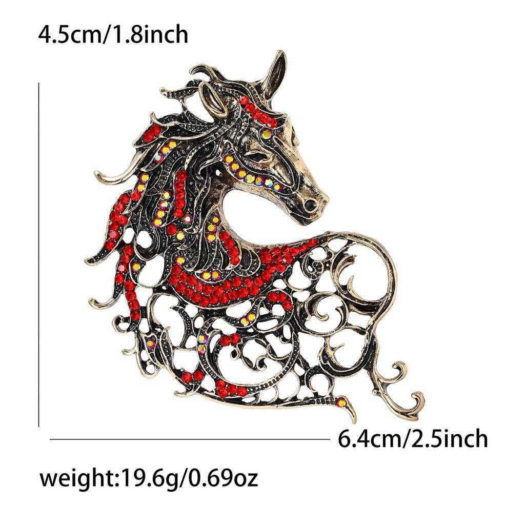 Vintage Hollow Out Handsome Horse Brooch Crystal Badge Pin Jewelry Accessory