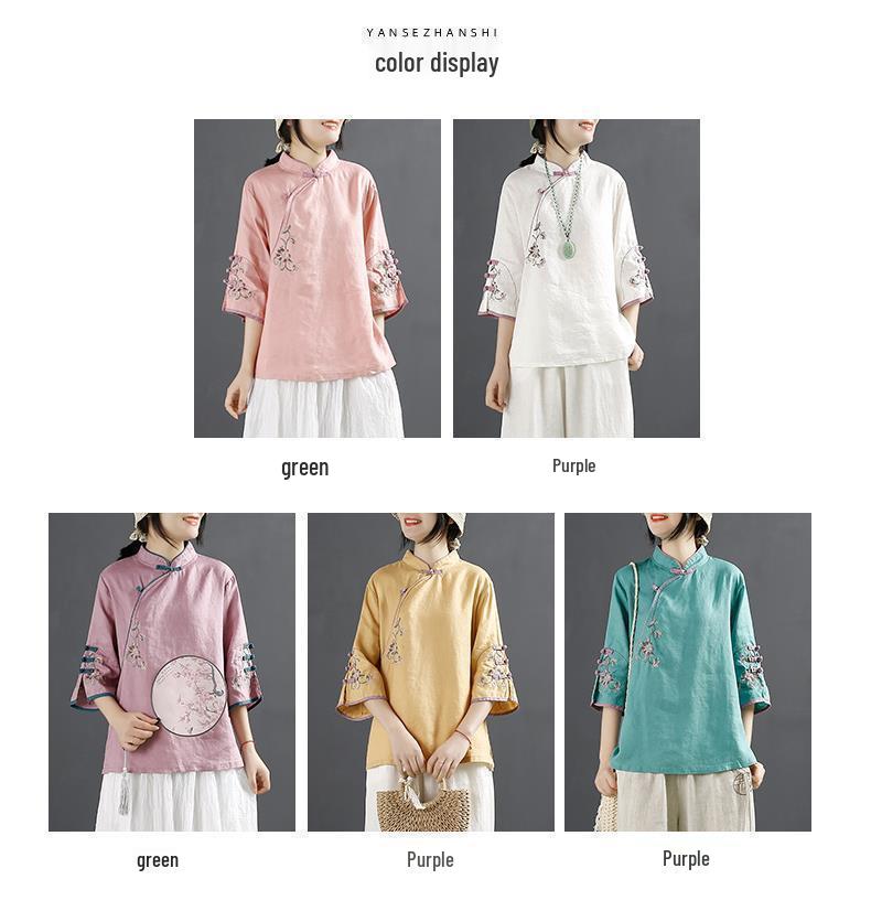2024 Retro Chinese-Style Embroidered Cotton Linen Shirt - Women's Spring/Summer Stand-up Collar Top