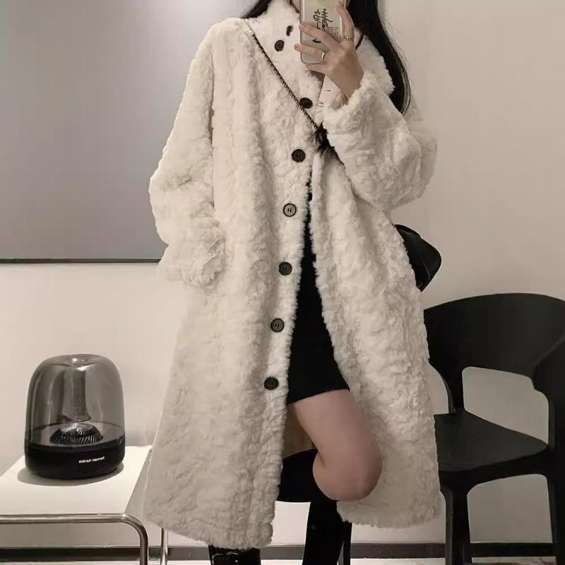 Lamb Wool Imitation Fur Jacket Women's Clothing Long Coat Over the Knee Design Imitation Rabbit Velvet Thickened Loose Stand-up Collar Hair