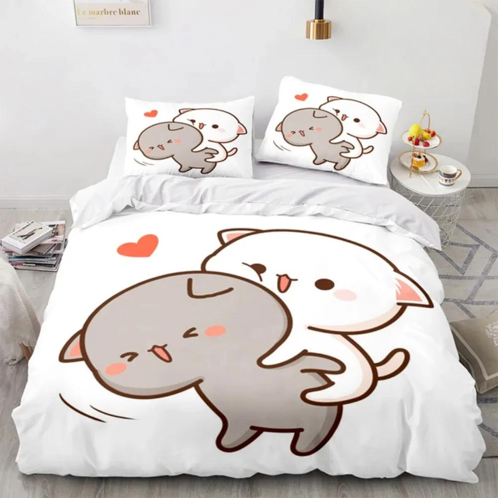 3D Cartoon Lovely Peach Cat Bedding Set Boys Girls Twin Queen Size Duvet Cover Pillowcase Bed Kids Adult Fashion Home Textiles