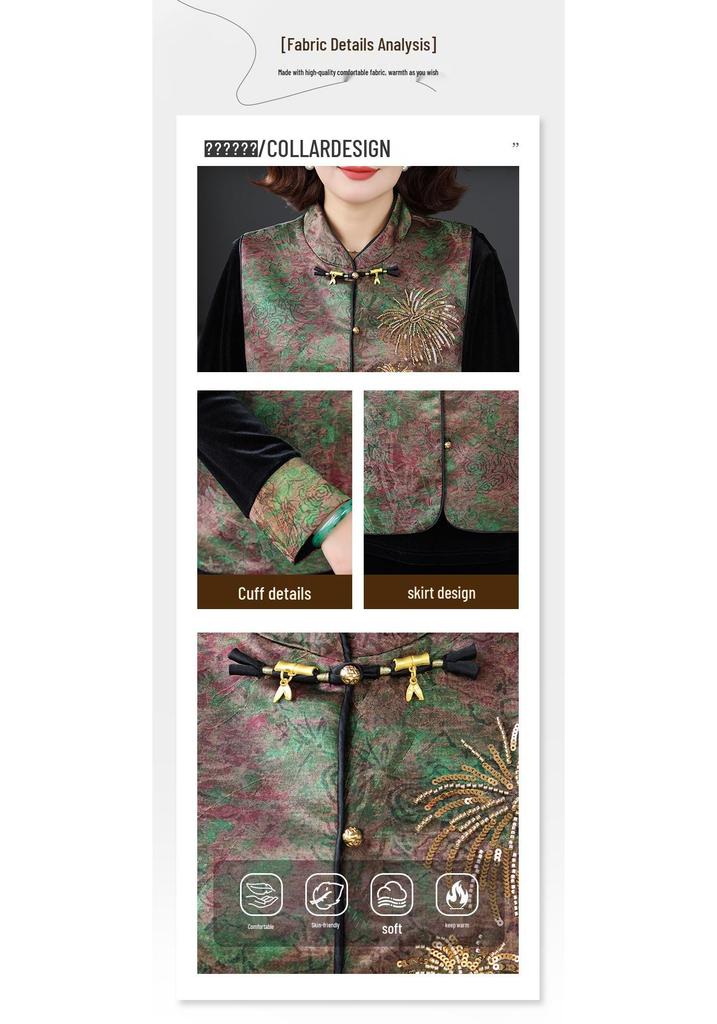 Elegantes dreiteiliges Set mit goldenem Samt-Weste für Frauen mittleren Alters & ältere Frauen - Stilvoller chinesischer Anzug für Frühling/Herbst