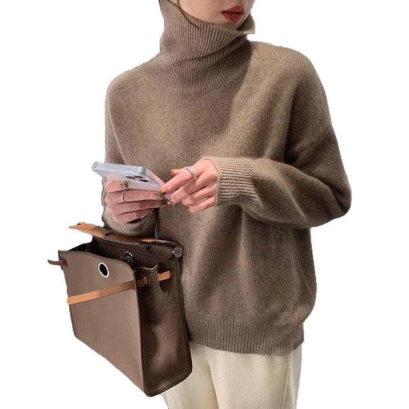 European-Style High-Neck Sweater: Women's Loose Knit Coffee Pullover, Versatile Autumn/Winter Base Layer