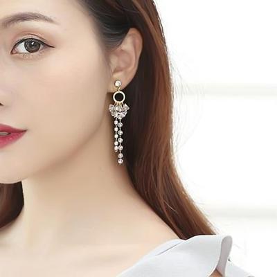 Fashion Crystal Long Dangle Earrings for Women Golden Round Circle Mini Beads Tassel Drop Earrings Wedding Party Sweet Jewelry