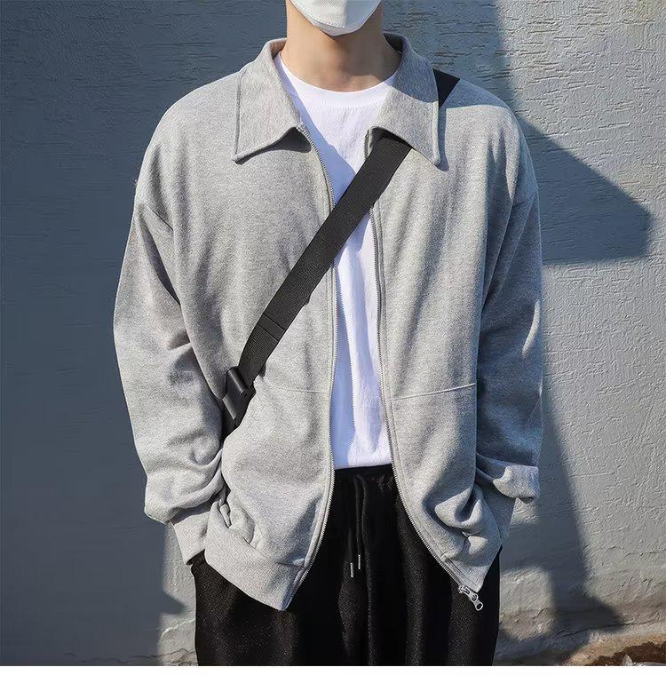 Herr Retro Cardigan Hoodie med Dubbel Dragkedja - Casual, Lös Passform för Vår & Höst.