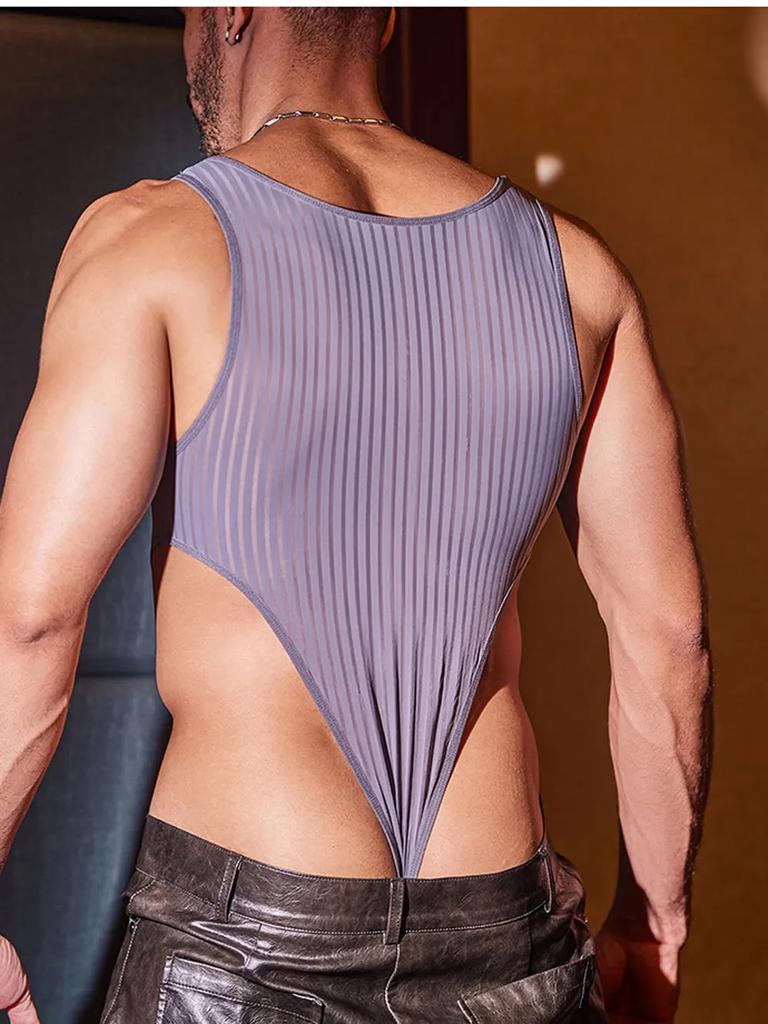 Sexy Herren Gestreifter Bodysuit Tops Schnalle Schritt Offen Reiz Nachtwäsche Durchsichtig Transparent Strumpfhosen Mann Tanga Schnitt Bodysuit Former