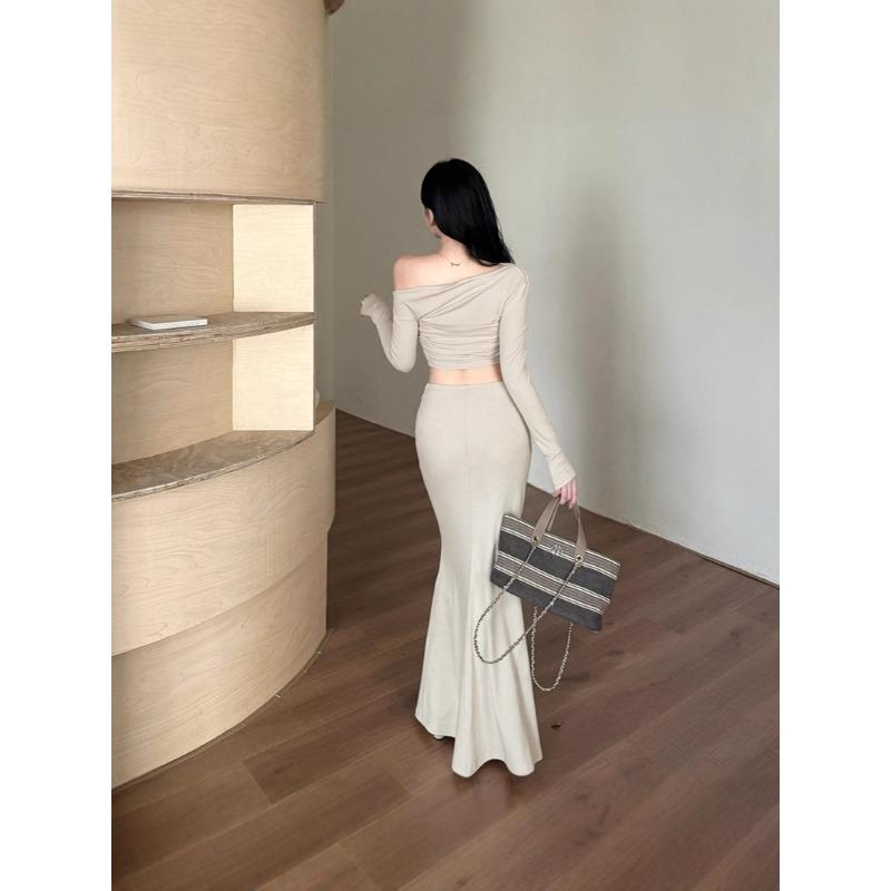 Ilya Slanted Shoulder Waist Long-sleeved Suit Skirt Women, Autumn French Design Skirt Suit