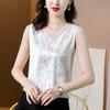 Women's V Neck Sleeveless Tank Top Floral Print Mesh Patchwork Vest Plus Size Summer Basic Blouse