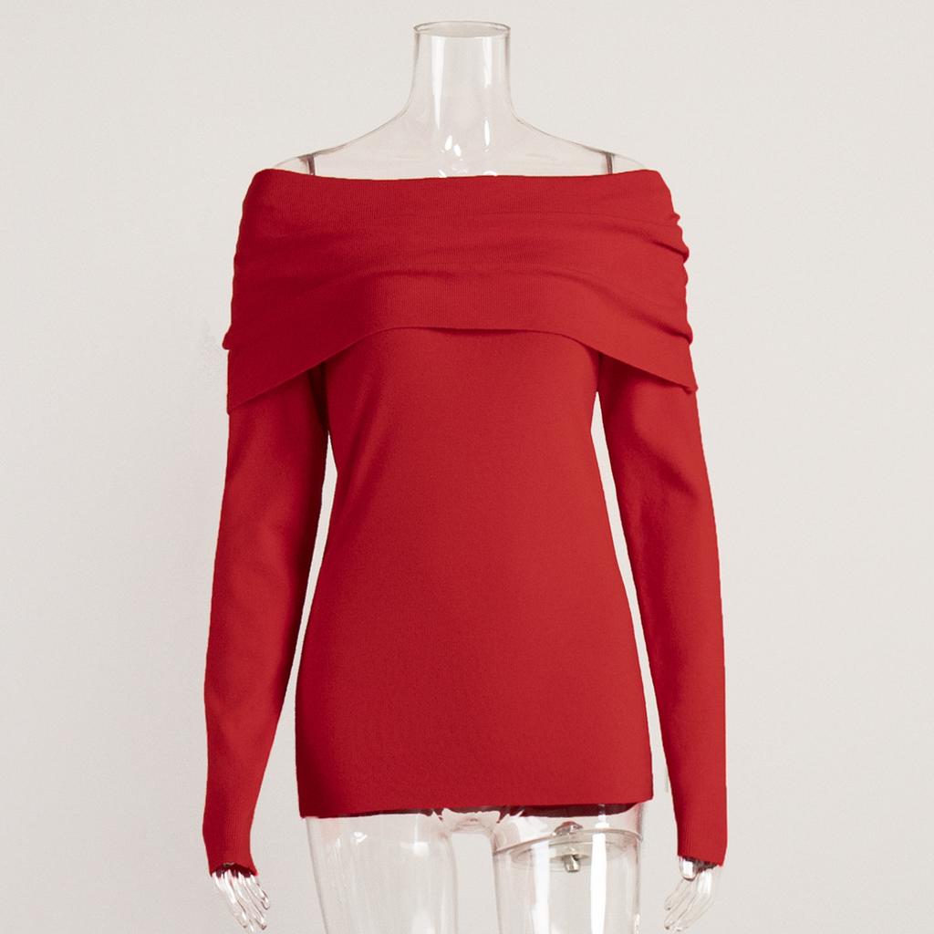 Spring Autumn Women's Sexy Off-shoulder Knitted Sweater Slim Stretch Long-sleeved Pullover Knitted Sweater