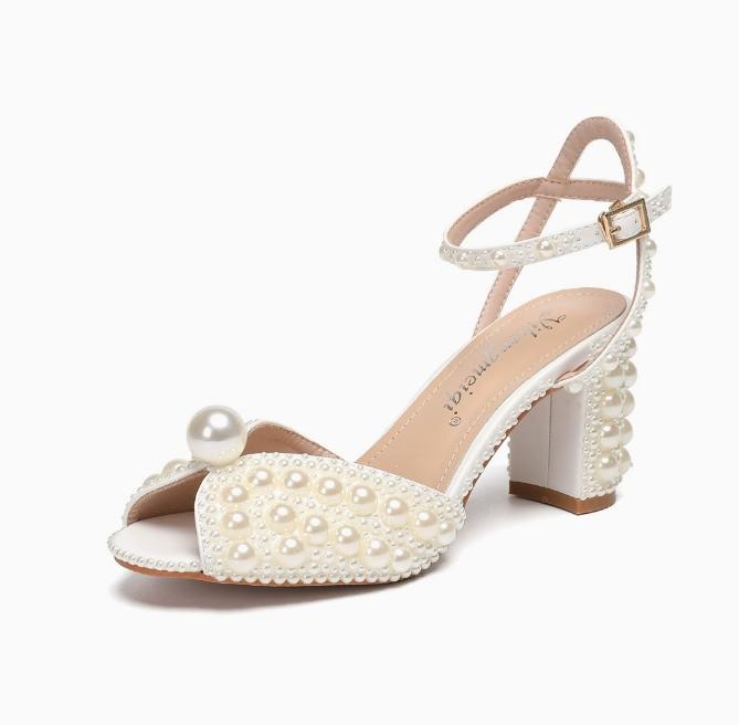 Peep Toe Pearl Women Sandals Square Heel Slingback White Spring Buckle Strap Wedding Fashion Sexy Women Shoes 2026 New Arrivals