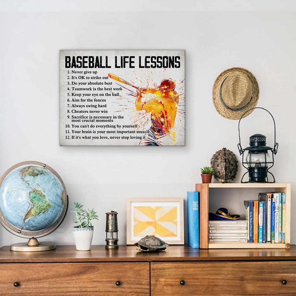 Hijie Baseball Poster Canvas Wall Art for Home Decor, Baseball Life Lessons Motivational Canvas Print Painting, Baseball Gifts for Men Baseball