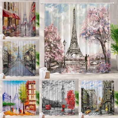 Roter Moderner Schloss Dekorativer Duschvorhang Eiffelturm Romantische Kirschblüte Neuschwanstein Badezimmer Dekor Polyester Fabri
