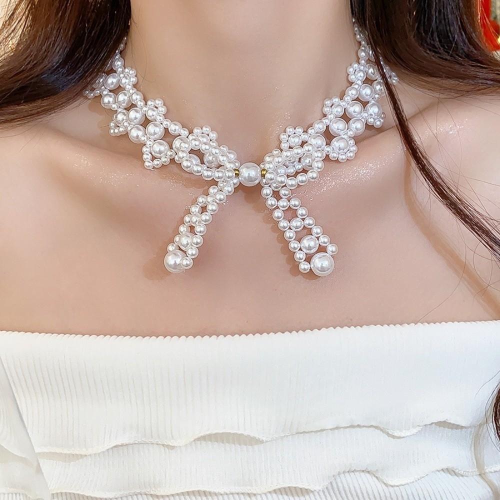 Bead Bow Necklace Imitation Pearl Collarbone Chain Fashion Clavicle Chain Women  Girls