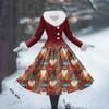 Women's Casual Hooded Dress Long-Sleeve V-Neck Patchwork Fleece Christmas Print Dress