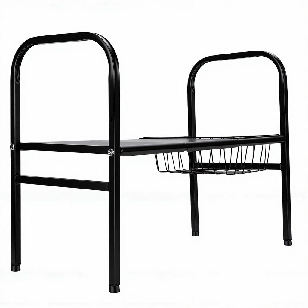 Expandable Under Sink Organizer 1 Tier Shelf with 1 Removable Basket 2 Removable Panels for Cabinet Sink Cloakroom