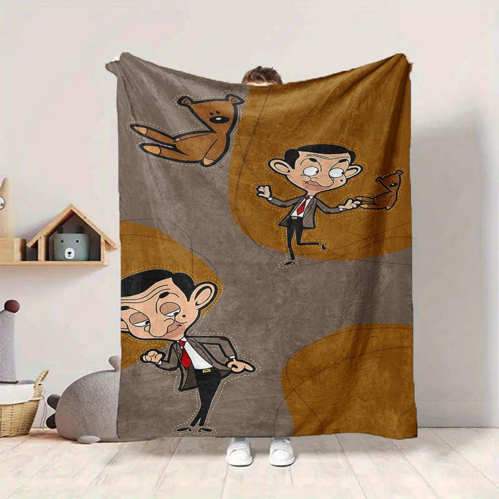 1 st Mr. Bean Teddy Flanellen Plaid HD Geprint Lichtgewicht Zacht Warm Deken voor Alle Seizoenen voor Bank, Bed, Reizen, Kamperen Machinewasbaar