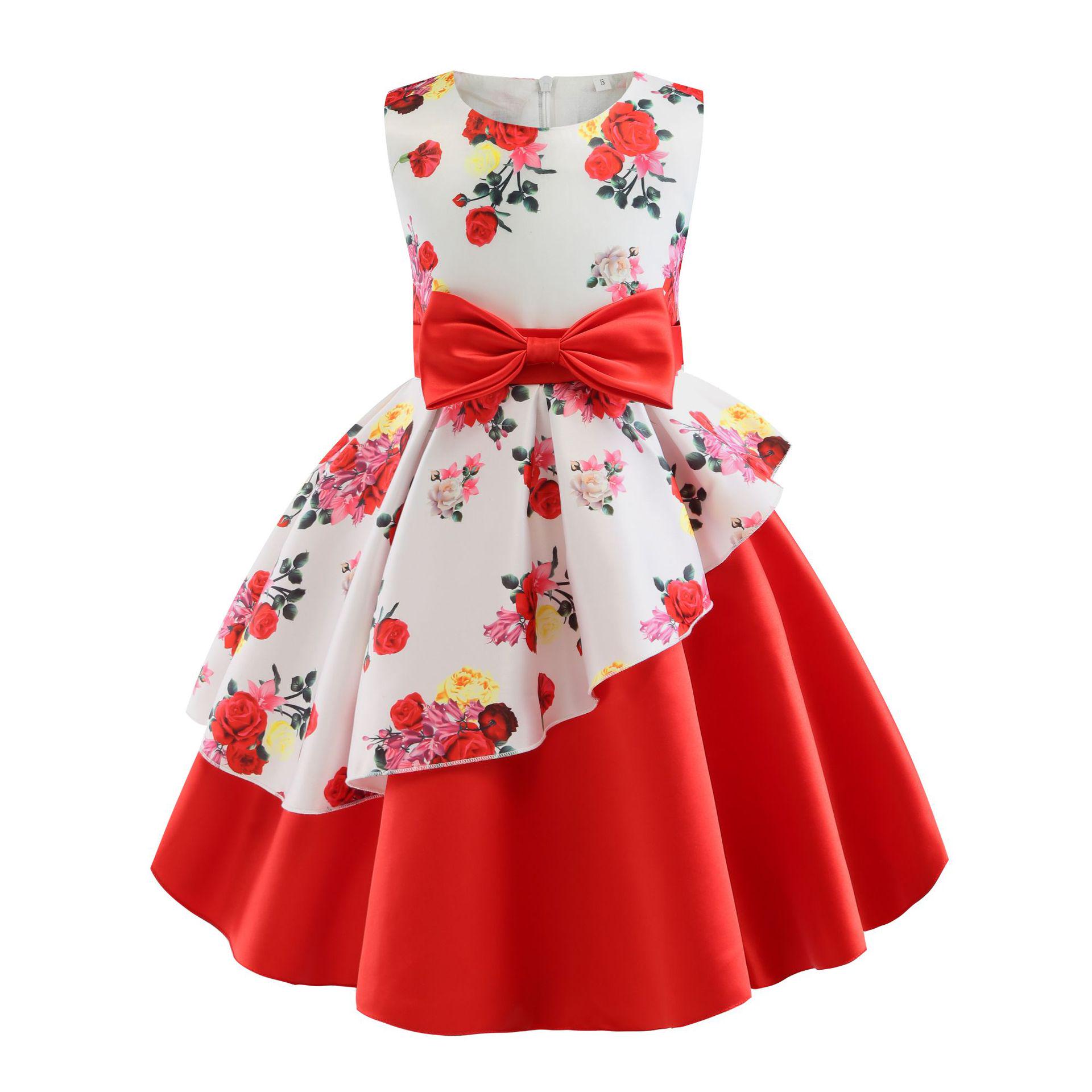 

2025 New Girls Irregular Hem Printed Evening Dress with Bow - Performance & Halloween Costume 120 cm червоний