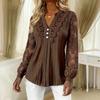Damen Langarm Spitzen V-Ausschnitt Bluse Lässiges T-Shirt Top für den Alltag