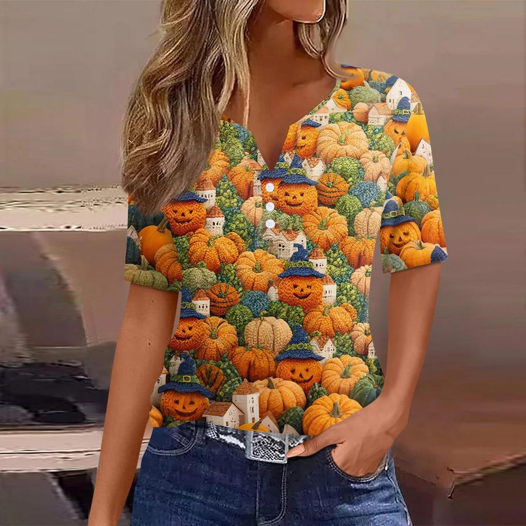 Women's T Shirt Halloween Print Button Short Sleeve Daily Weekend Fashion Basic V- Neck Regular Top