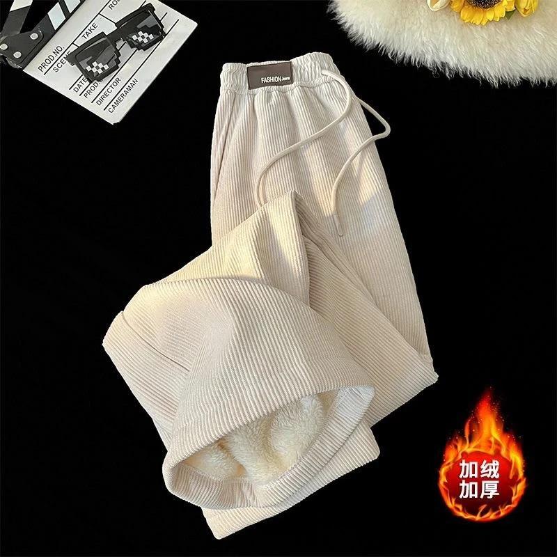 Pantaloni Maro Retro Americani Bărbați Plus Catifea Iarnă Corduroy Largi Pantaloni de Jogging Îmbrăcăminte Exterioară