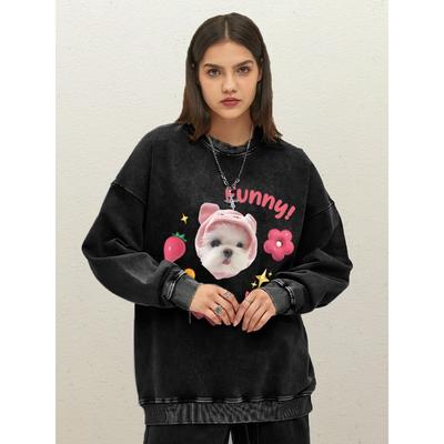 Felpa Lavata con Stampe Divertenti di Cuore, Fiori e Cani, Moda Donna, Pullover Oversize, Top Casual in Cotone, Abbigliamento Sportivo per Coppia