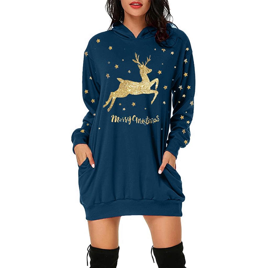 Sweat-shirt à capuche et manches longues pour femmes, imprimé de noël, poche mi-longue, avec poche
