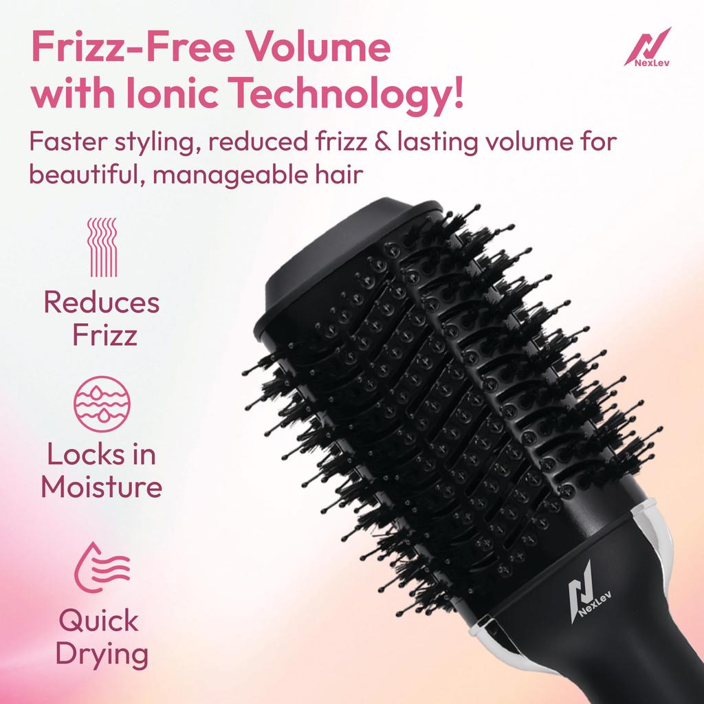 NexLev Ionic Hot Air Brush | 3 in 1 Blow Dryer, Straightener, Volumizer & Styler | 360° Airflow Vents | Ceramic Tourmaline Coated Brushing Head | T