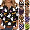 Women Casual Halloween Printed V Neck Short Sleeve Button Decor Three Quarter Sleeve T Shirt Top for Daily Wear